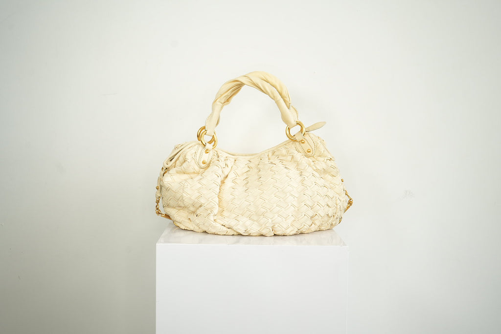 Miu Miu White Leather Woven Handle Bag