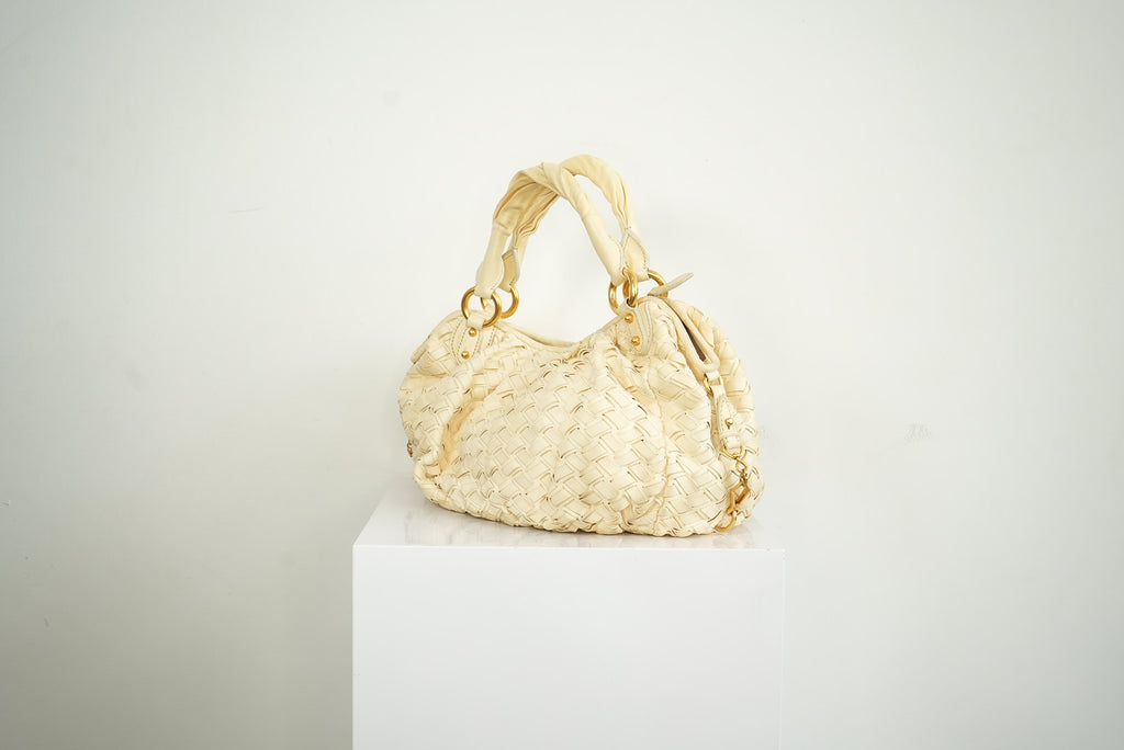 Miu Miu White Leather Woven Handle Bag
