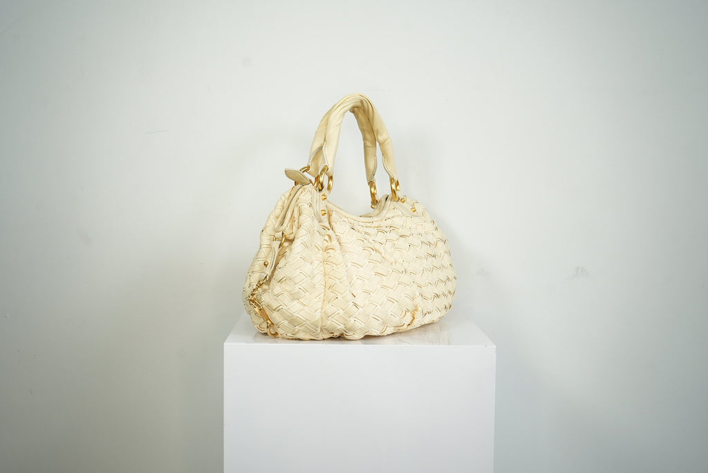 Miu Miu White Leather Woven Handle Bag