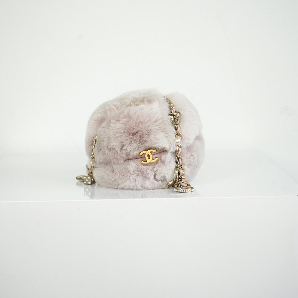 Chanel Purple Rabbit Fur Round Clutch W/Chain and Dust Bag