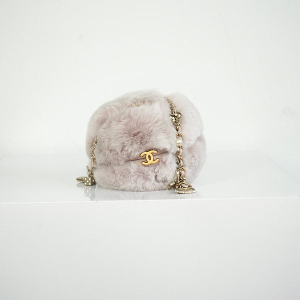 Chanel Purple Rabbit Fur Round Clutch W/Chain and Dust Bag