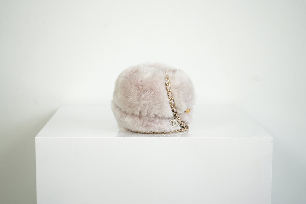 Chanel Purple Rabbit Fur Round Clutch W/Chain and Dust Bag