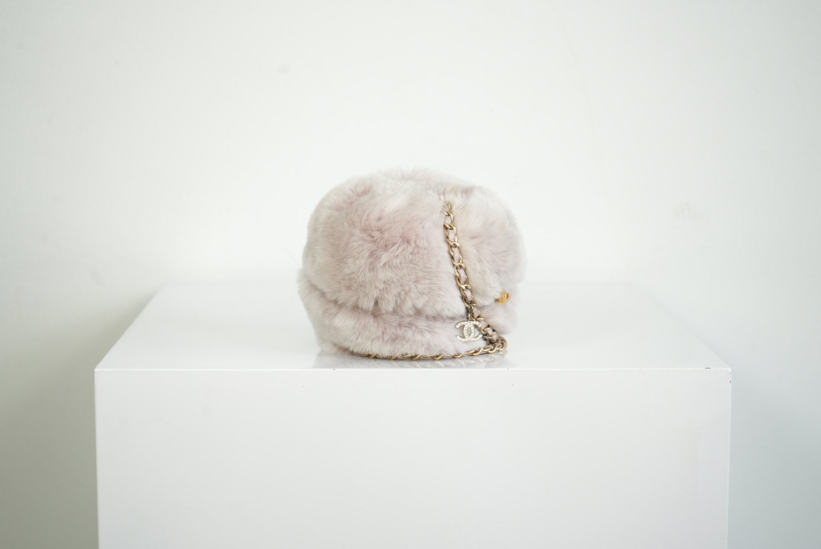 Chanel Purple Rabbit Fur Round Clutch W/Chain and Dust Bag