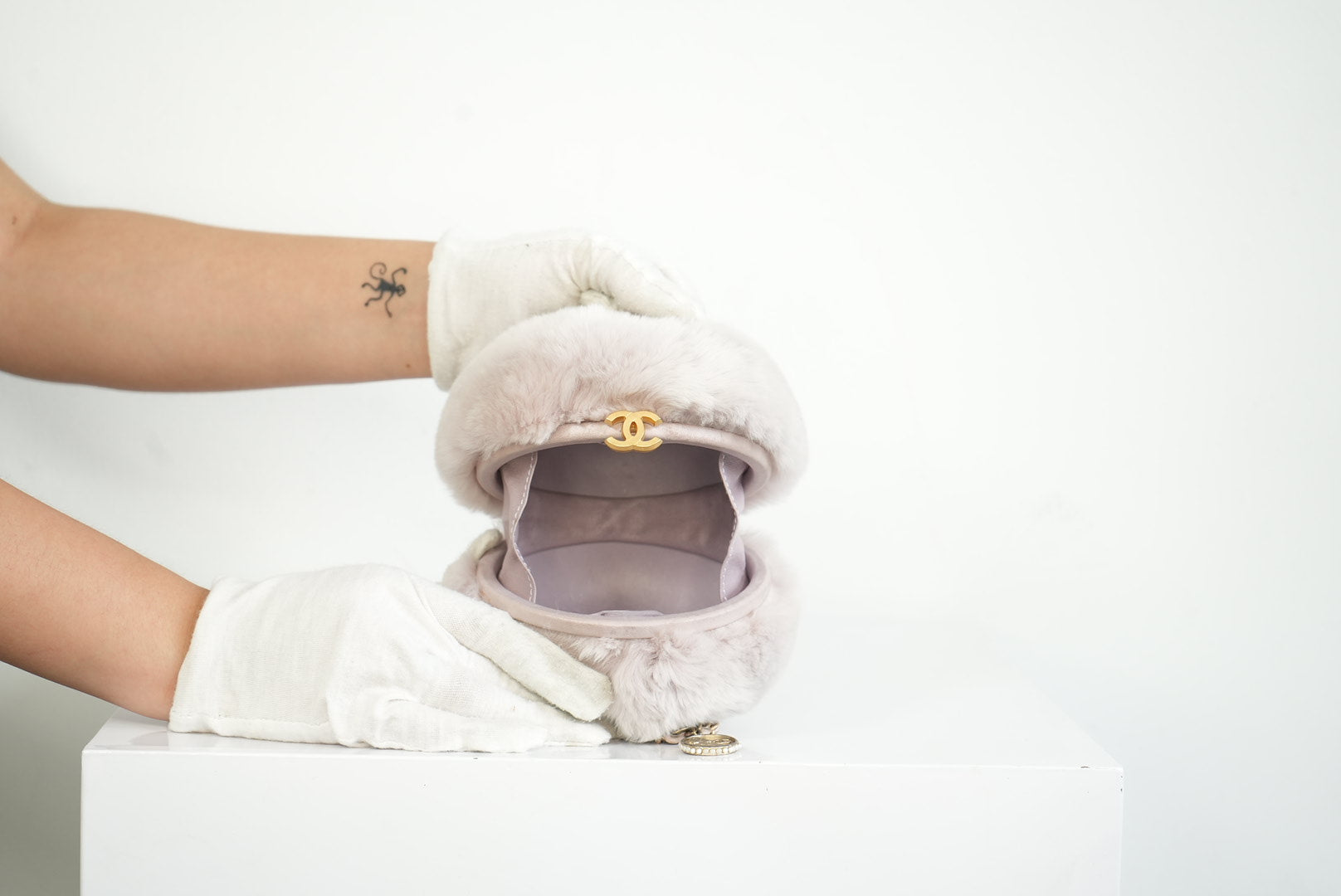 Chanel Purple Rabbit Fur Round Clutch W/Chain and Dust Bag