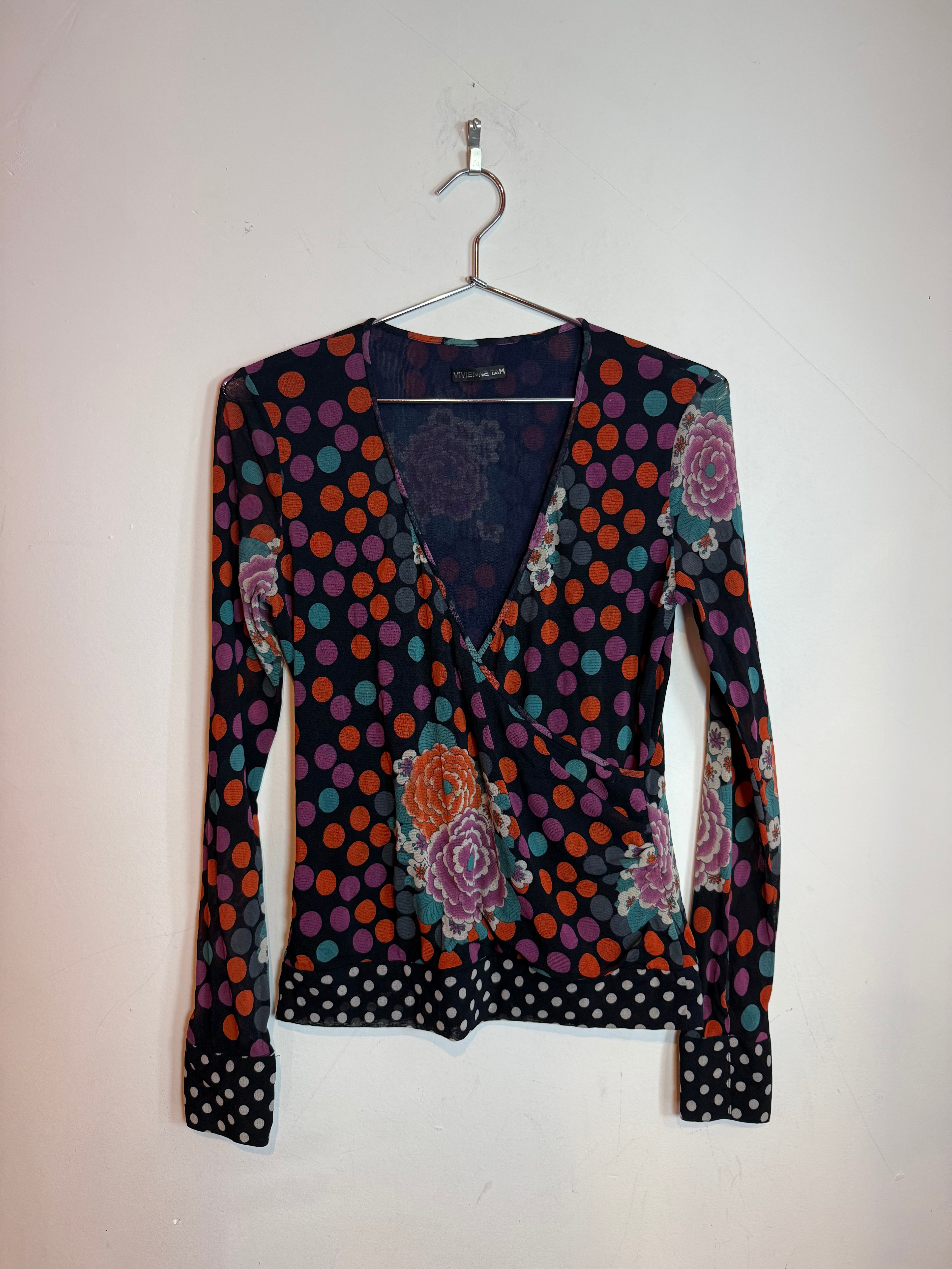 Vintage Vivienne Tam Polka Dot - Floral Pattern Long Sleeve Blouse