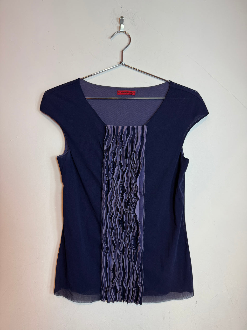Vintage Vivienne Tam Dark Blue Ruffle V-Neck Sleeveless Top Blouse