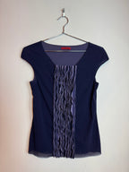 Vintage Vivienne Tam Dark Blue Ruffle V-Neck Sleeveless Top Blouse