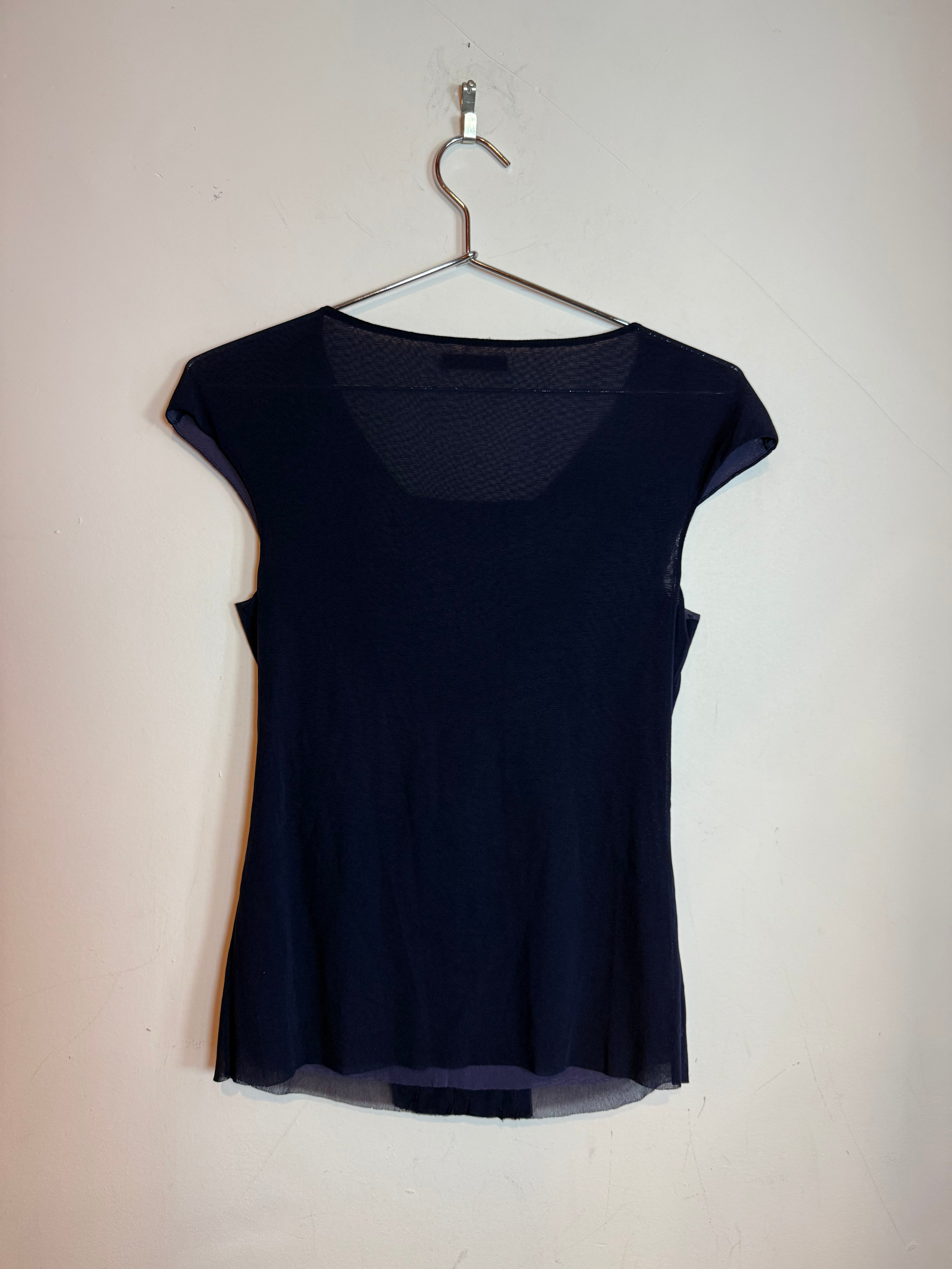 Vintage Vivienne Tam Dark Blue Ruffle V-Neck Sleeveless Top Blouse