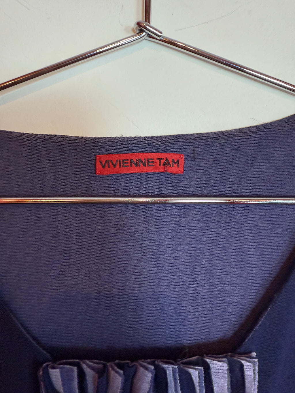 Vintage Vivienne Tam Dark Blue Ruffle V-Neck Sleeveless Top Blouse