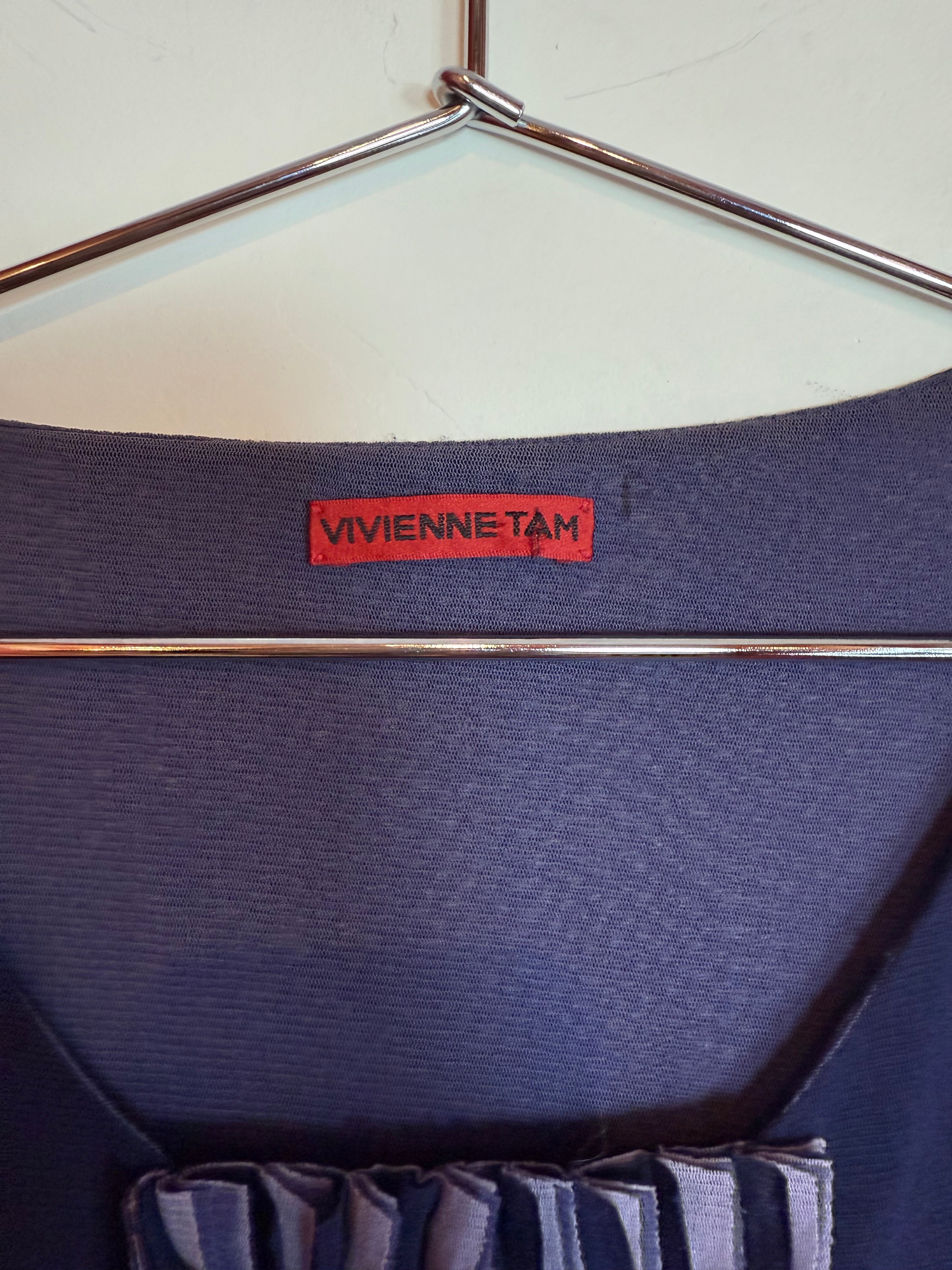 Vintage Vivienne Tam Dark Blue Ruffle V-Neck Sleeveless Top Blouse