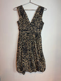 Vintage Vivienne Tam Tan Black Floral Swirl Print Sleeveless V-Neck Dress