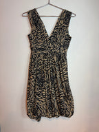 Vintage Vivienne Tam Tan Black Floral Swirl Print Sleeveless V-Neck Dress