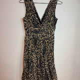 Vintage Vivienne Tam Tan Black Floral Swirl Print Sleeveless V-Neck Dress
