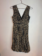 Vintage Vivienne Tam Tan Black Floral Swirl Print Sleeveless V-Neck Dress