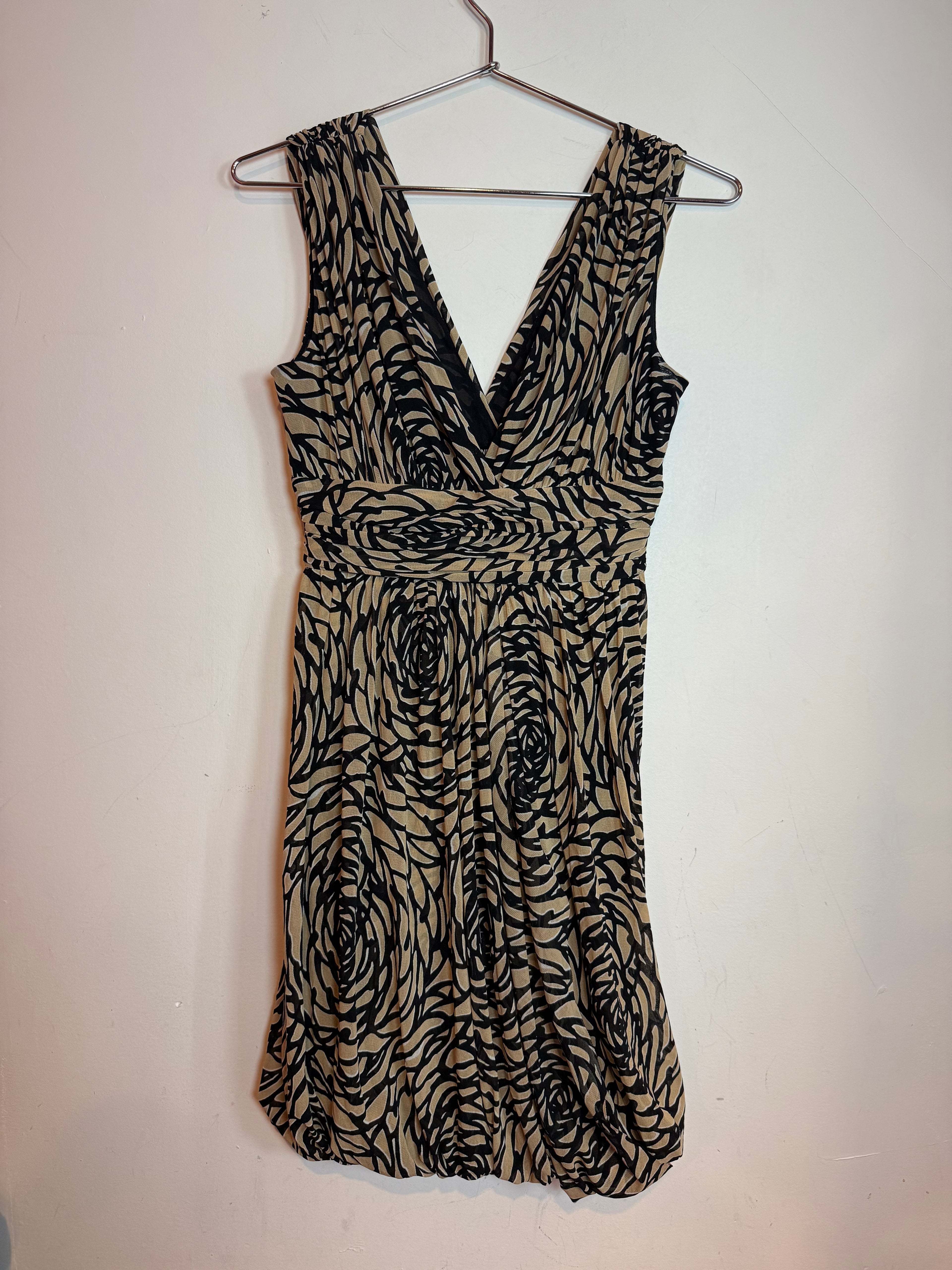 Vintage Vivienne Tam Tan Black Floral Swirl Print Sleeveless V-Neck Dress