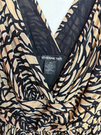 Vintage Vivienne Tam Tan Black Floral Swirl Print Sleeveless V-Neck Dress