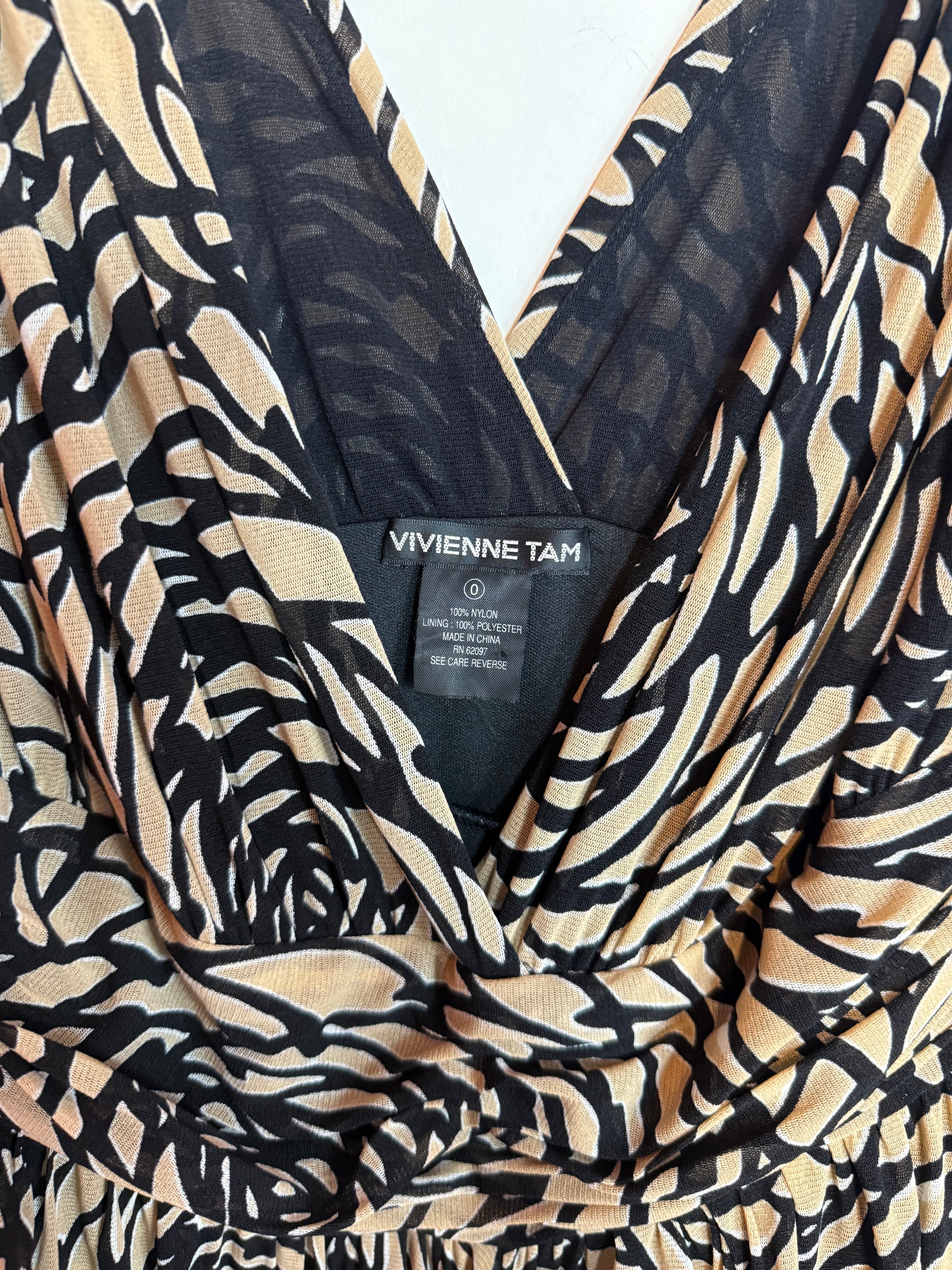 Vintage Vivienne Tam Tan Black Floral Swirl Print Sleeveless V-Neck Dress