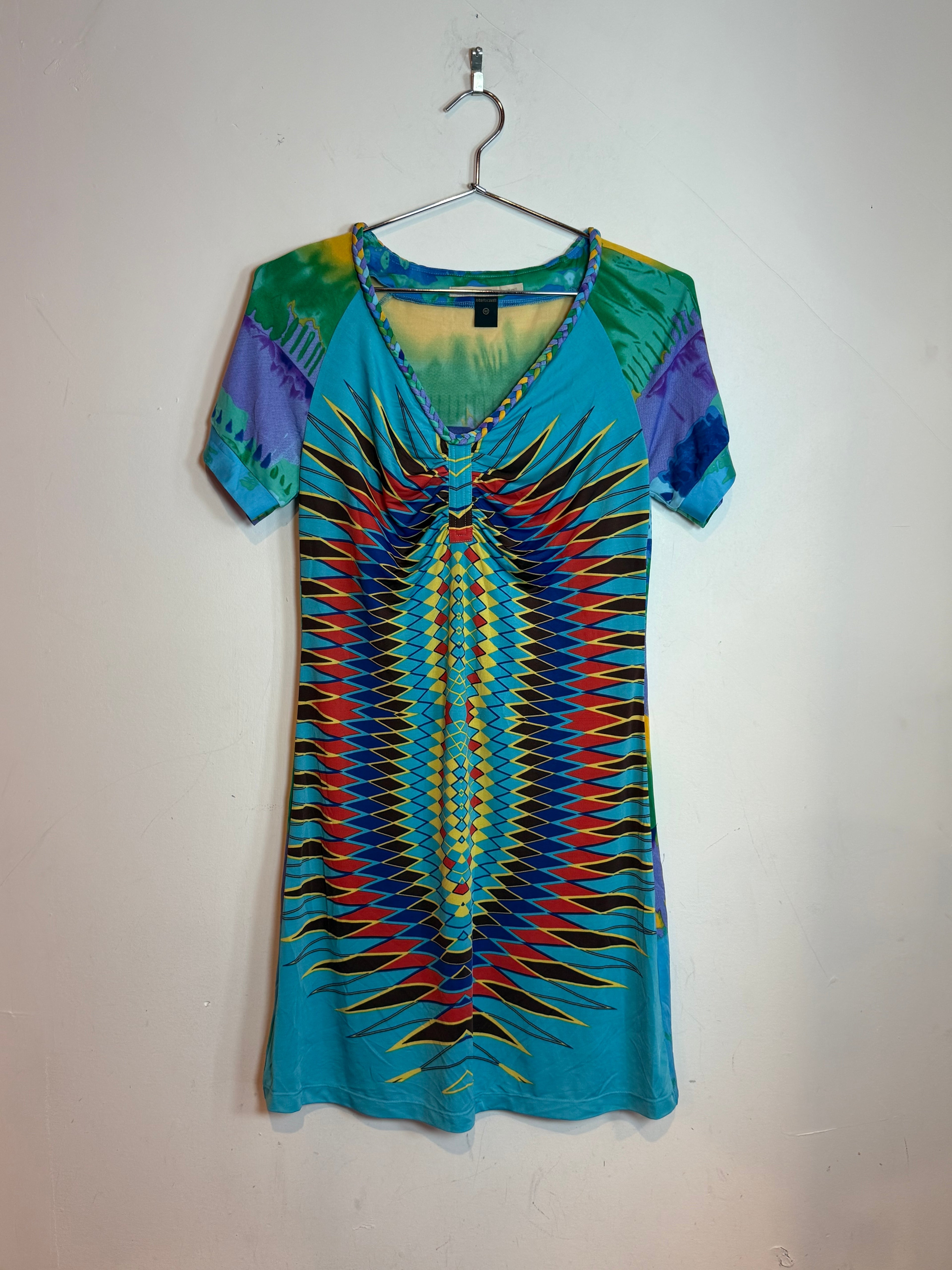 Vintage CLASS Roberto Cavalli MultiColor Geometric Tie-Dye Mini Dress Size 40