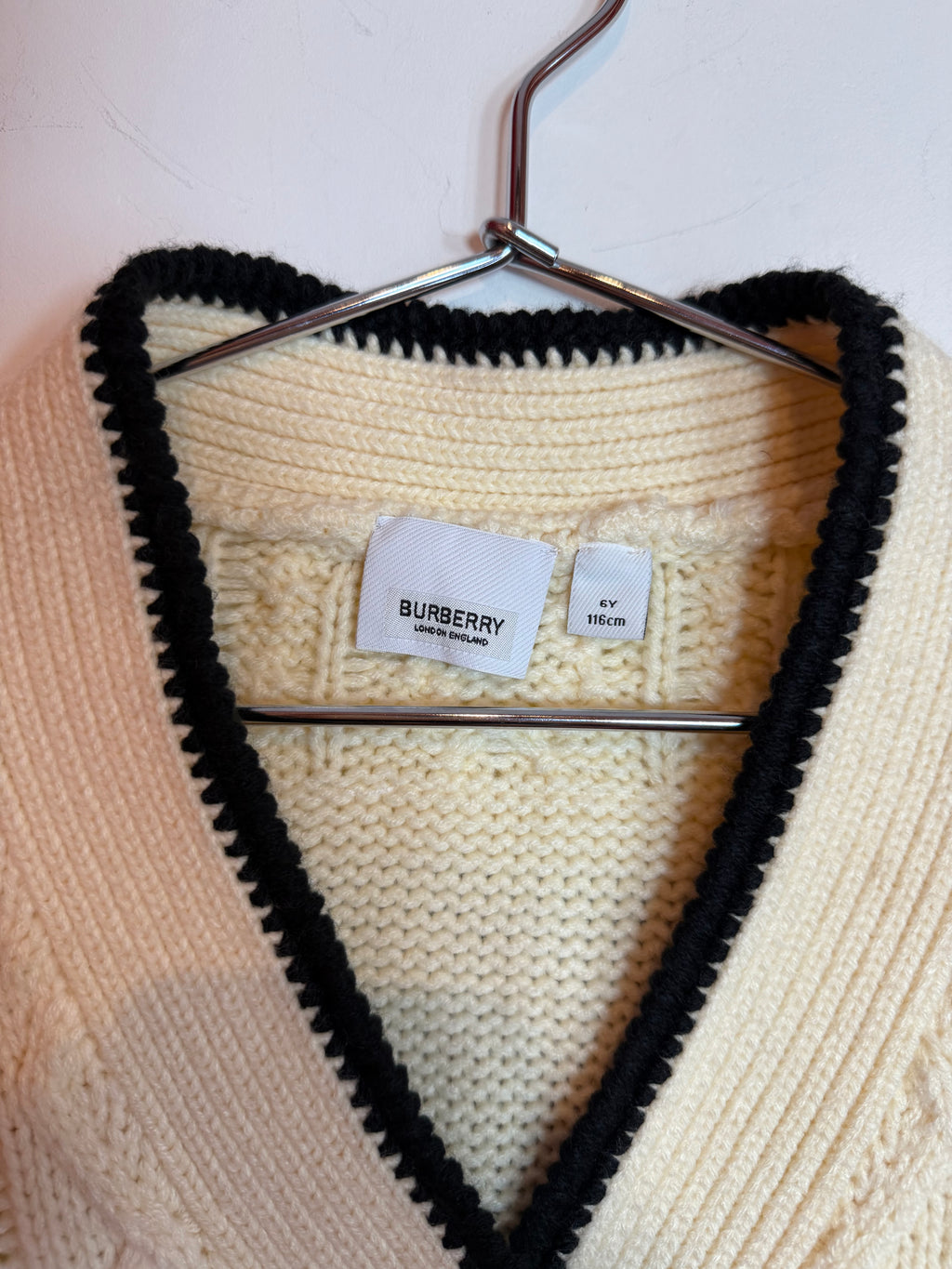 Burberry Cable Knit Logo Cardigan Cream Black Trim Size 6Y 116cm KIDS