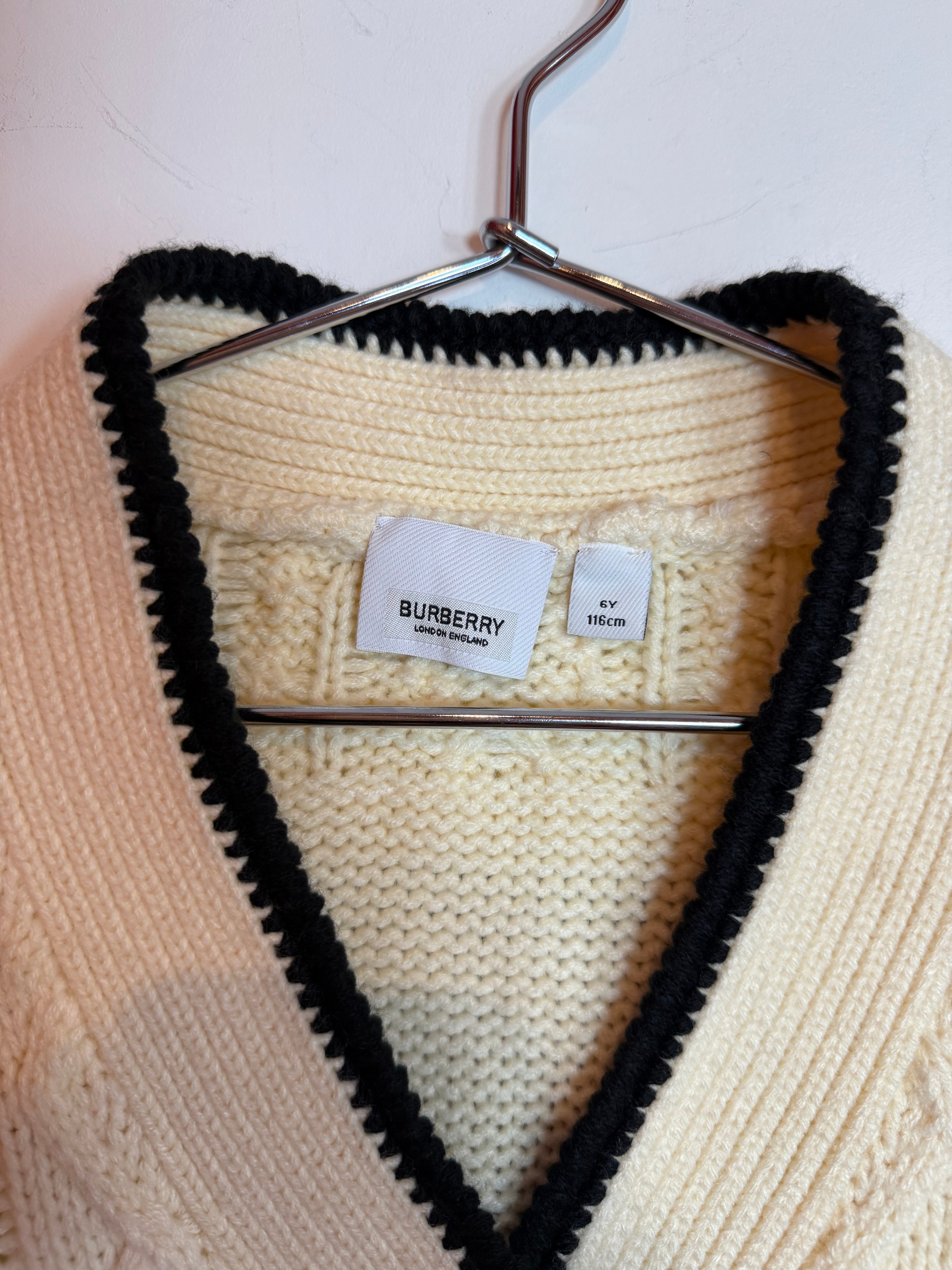 Burberry Cable Knit Logo Cardigan Cream Black Trim Size 6Y 116cm KIDS