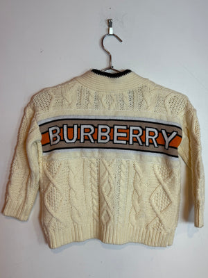 Burberry Cable Knit Logo Cardigan Cream Black Trim Size 6Y 116cm KIDS
