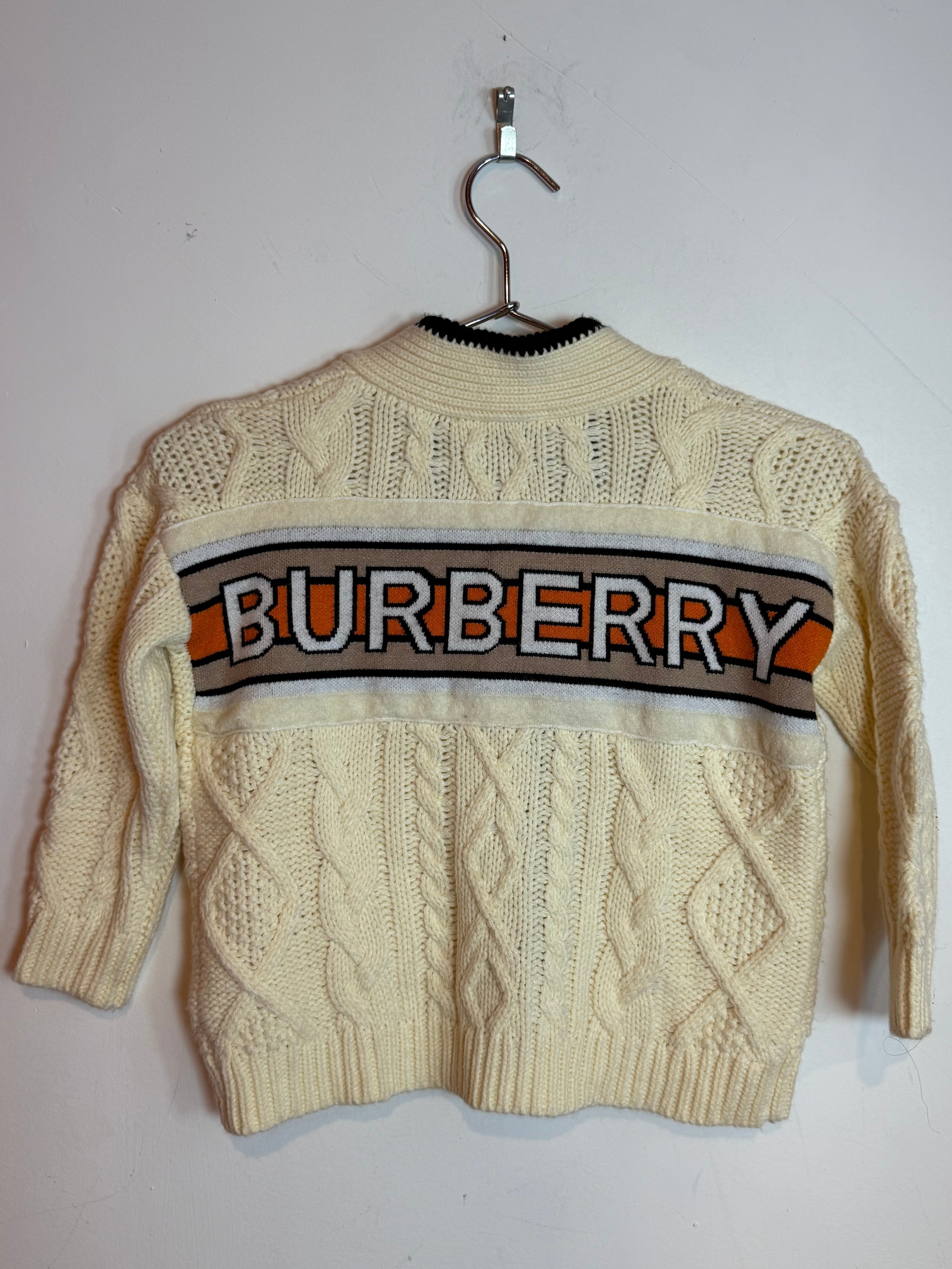 Burberry Cable Knit Logo Cardigan Cream Black Trim Size 6Y 116cm KIDS