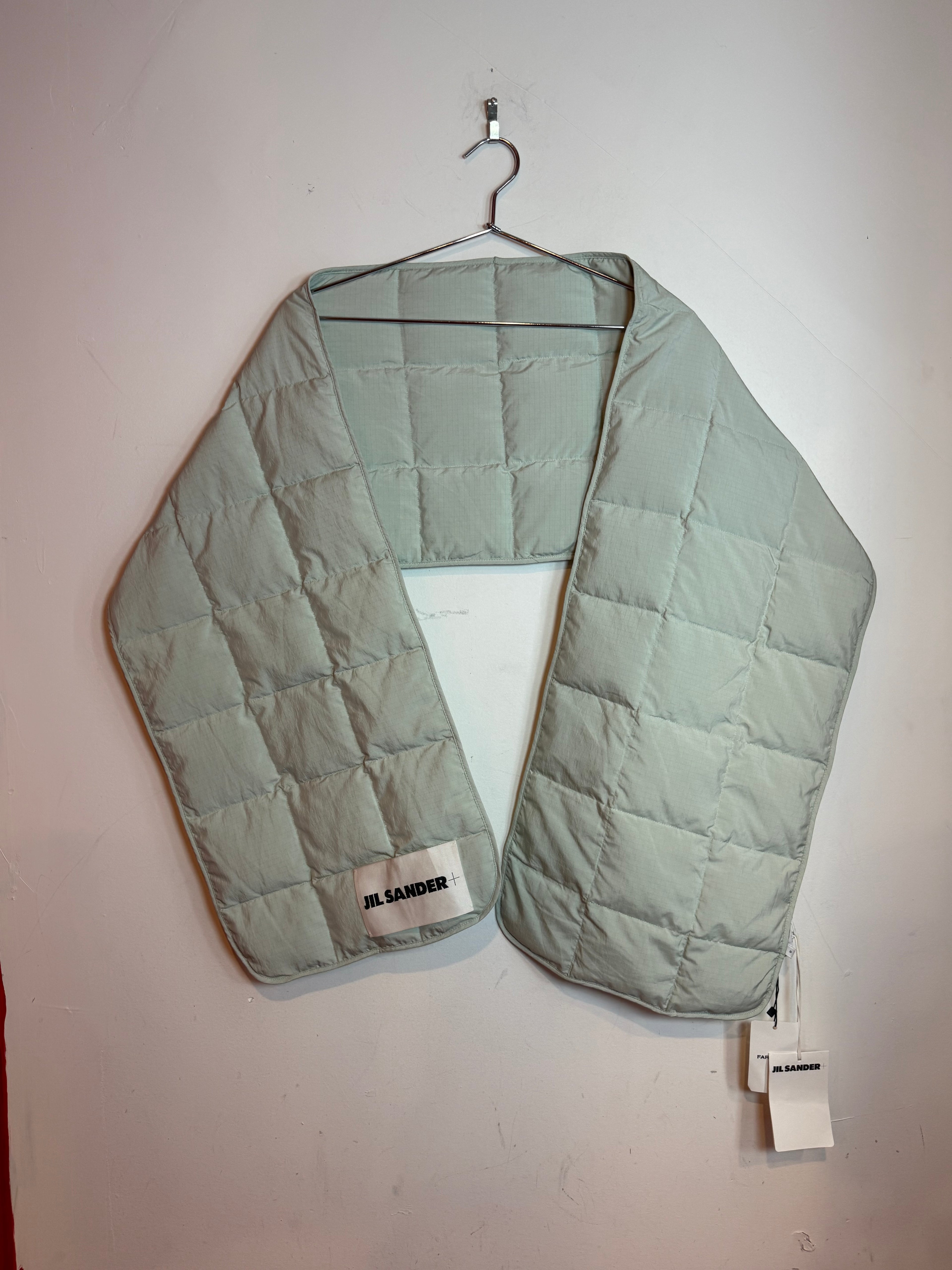 Jil Sander Pale Green Quilted Down Puffer Scarf with Logo Patch NWT
