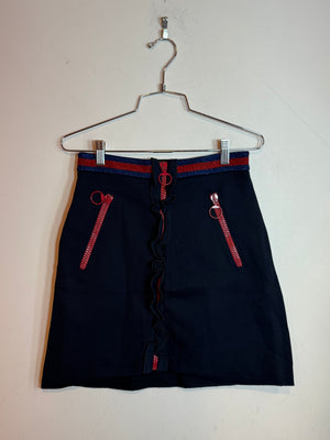 Gucci Lace Flap Skirt Black with Red Ruffle Zip Front and Striped Waist