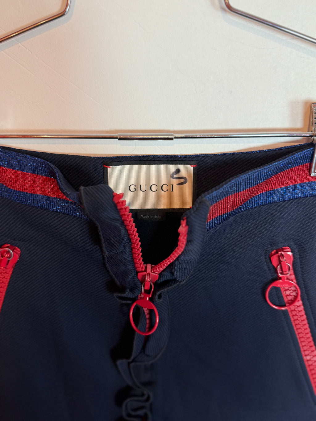 Gucci Lace Flap Skirt Black with Red Ruffle Zip Front and Striped Waist
