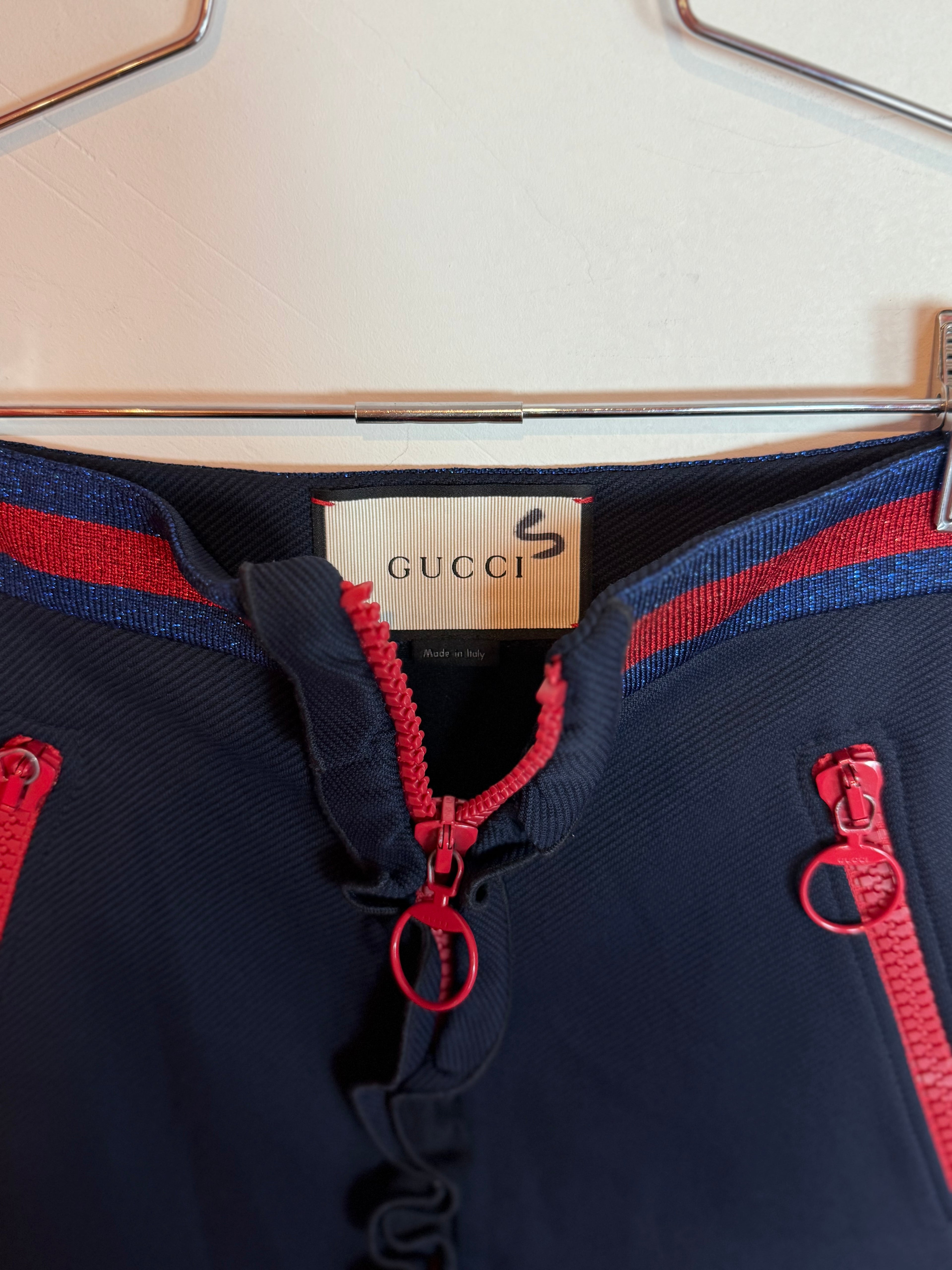 Gucci Lace Flap Skirt Black with Red Ruffle Zip Front and Striped Waist