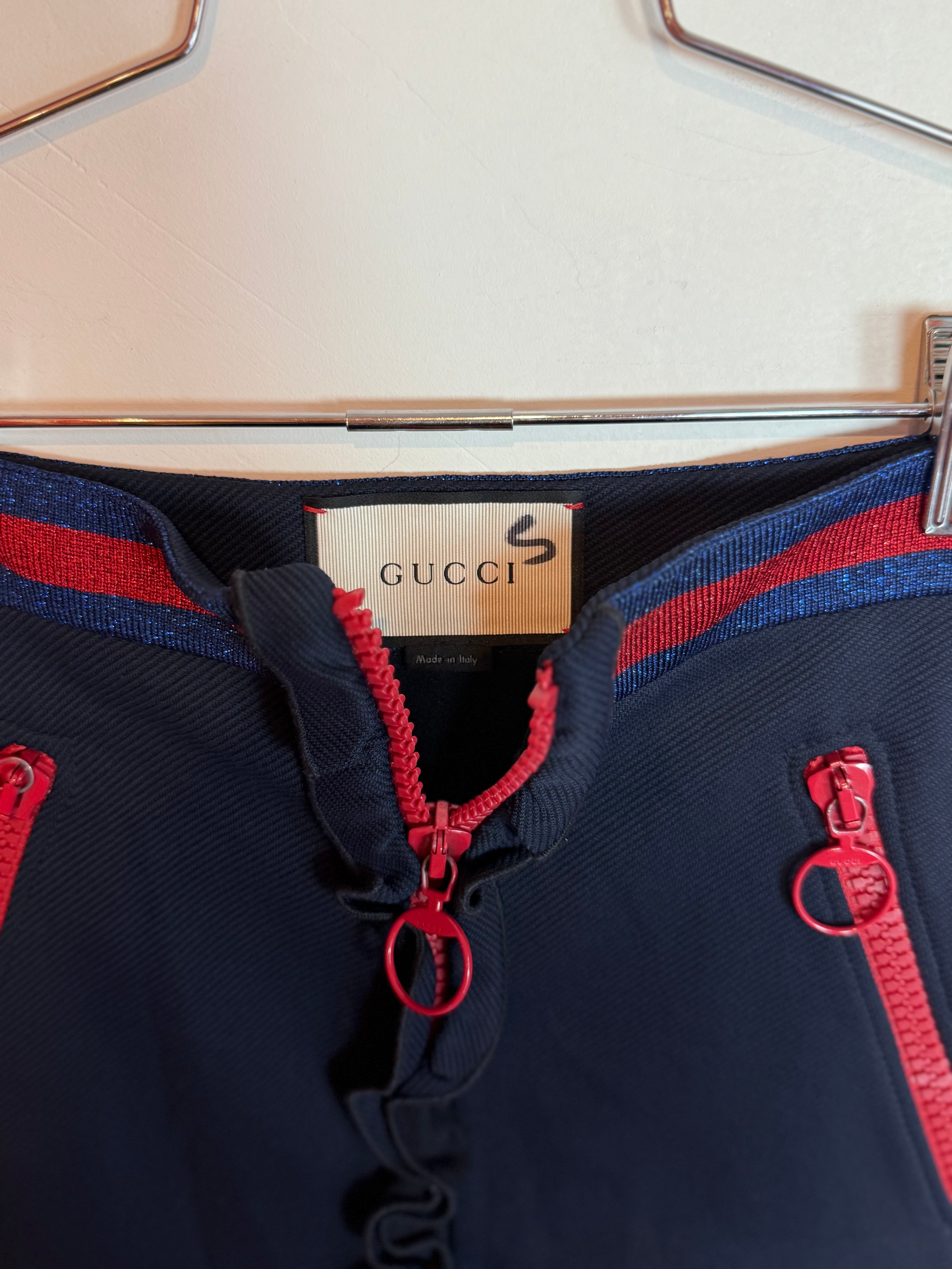 Gucci Lace Flap Skirt Black with Red Ruffle Zip Front and Striped Waist