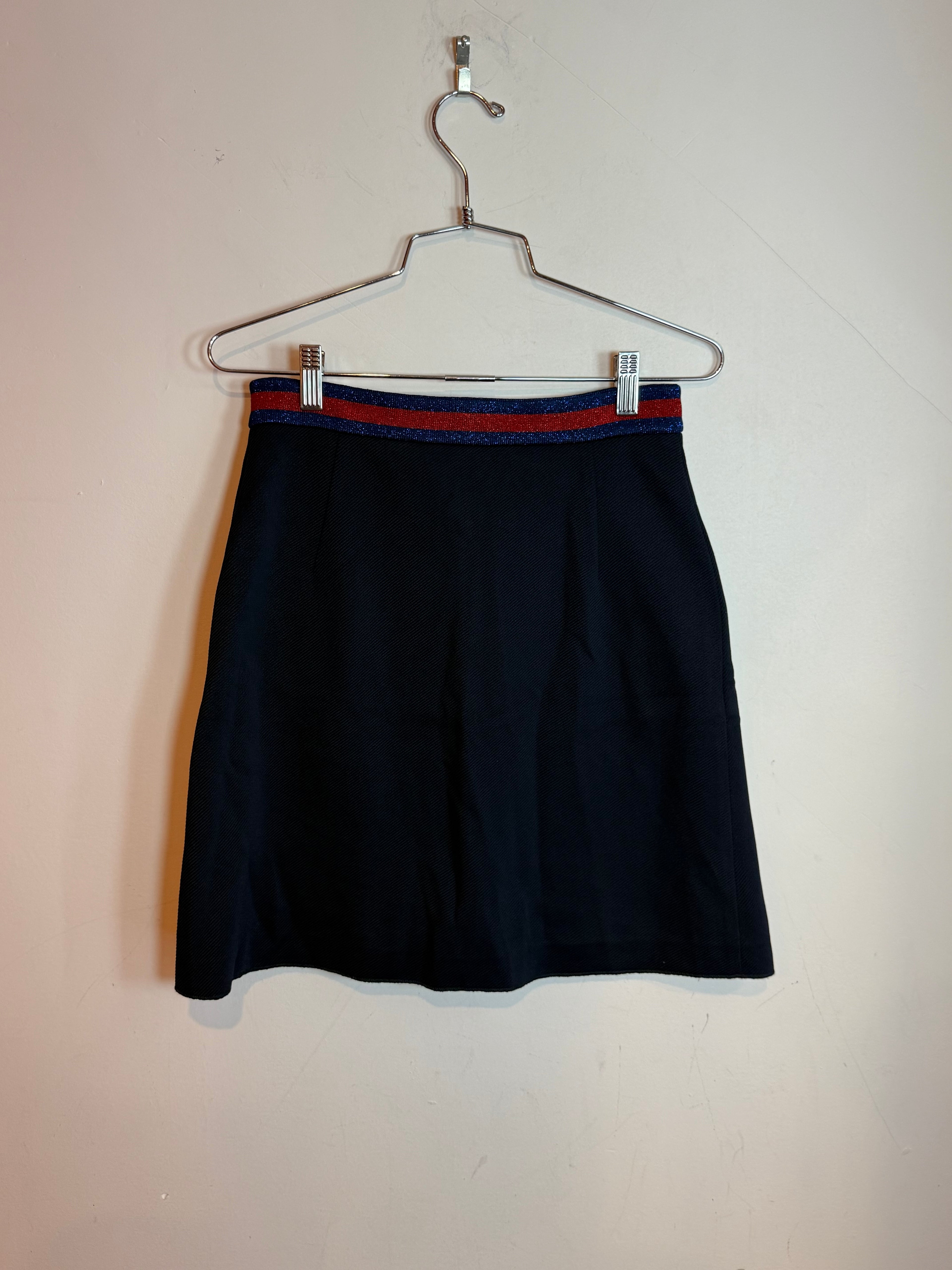 Gucci Lace Flap Skirt Black with Red Ruffle Zip Front and Striped Waist
