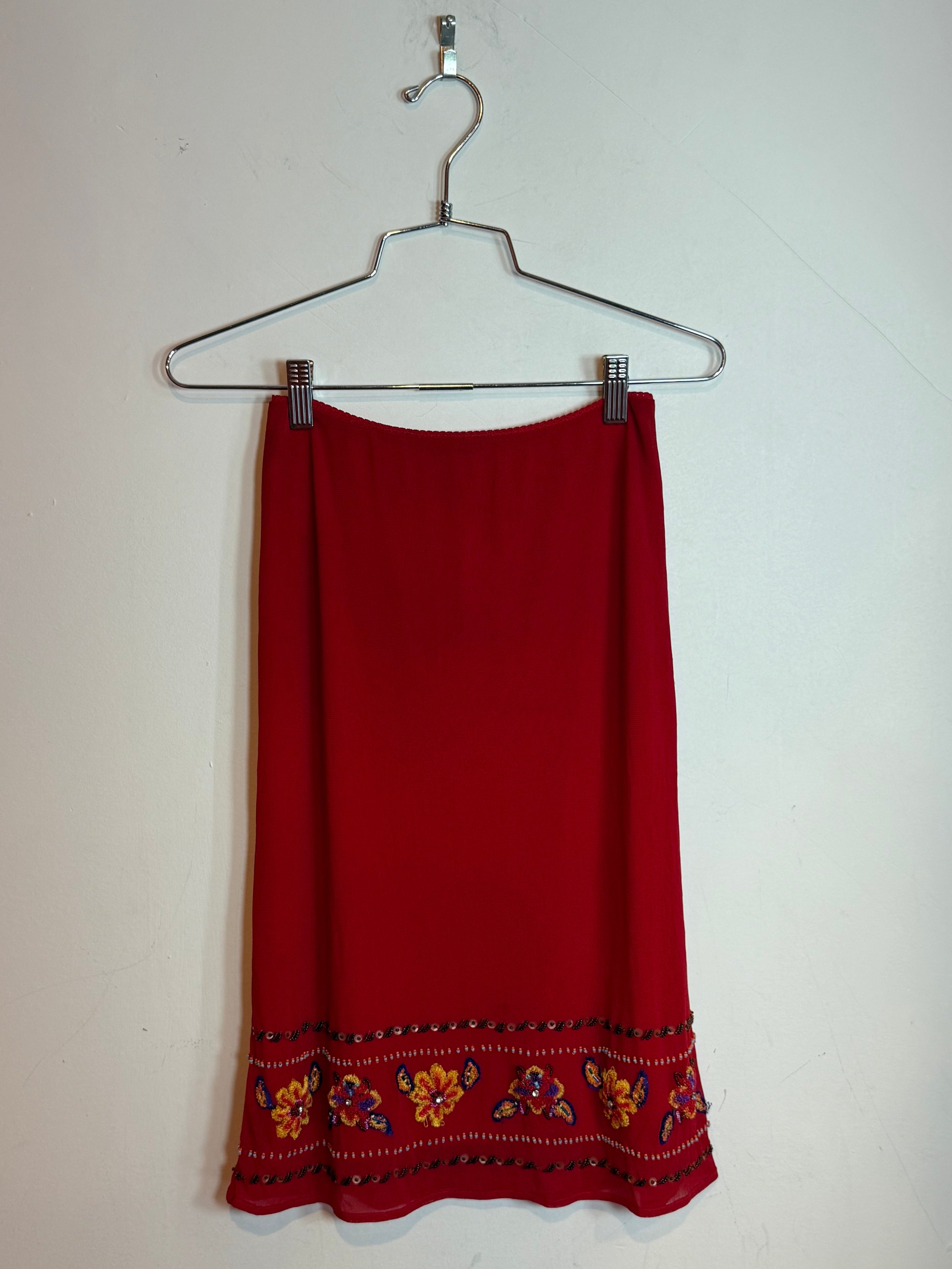 Vivienne Tam Vintage Red Embellished Beaded Floral Midi Skirt