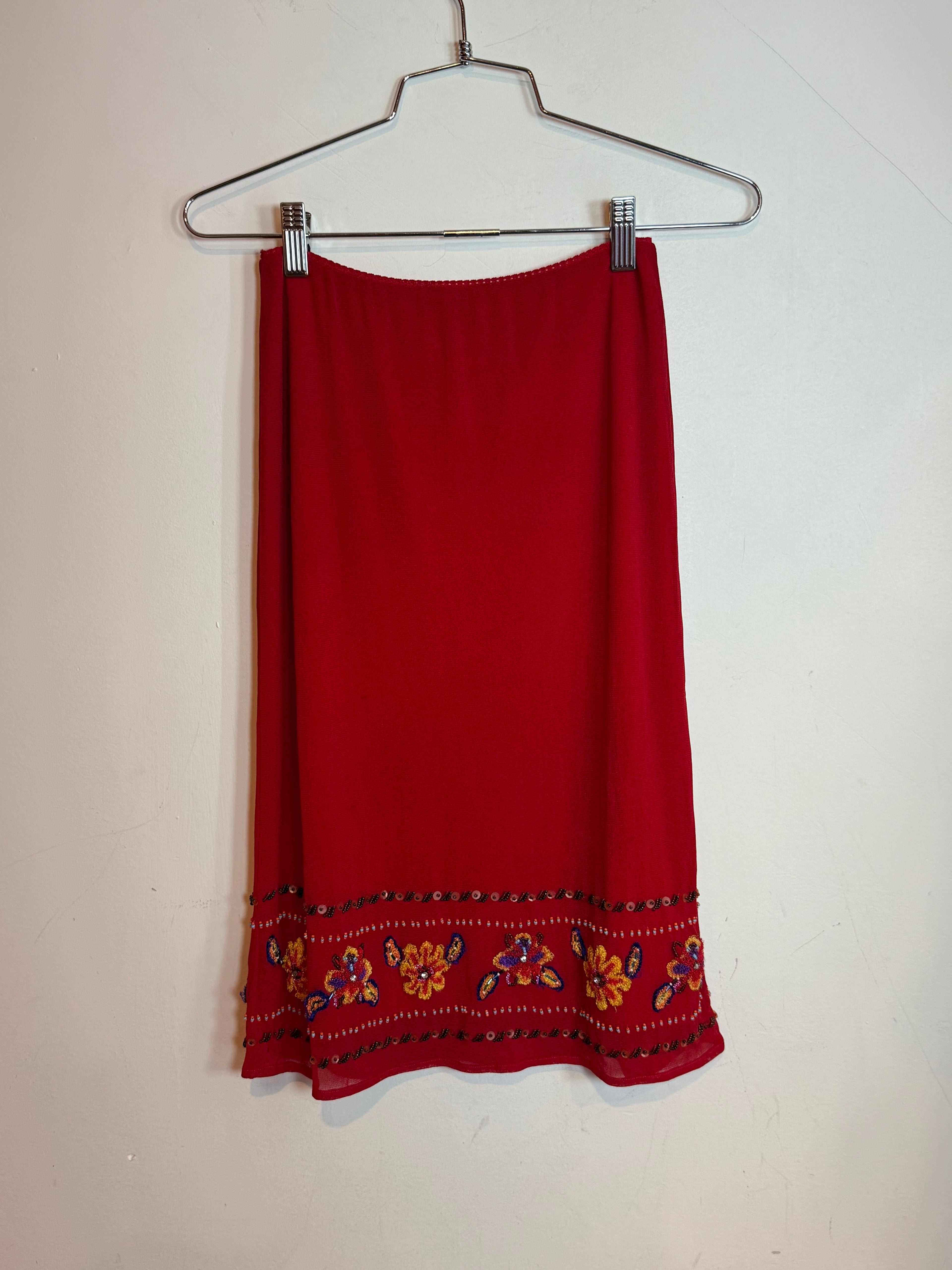 Vivienne Tam Vintage Red Embellished Beaded Floral Midi Skirt