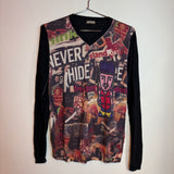 Vintage John  Galliano Newspaper Collage Graphic Print Long Sleeve V-Neck Sweater