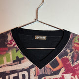 Vintage John  Galliano Newspaper Collage Graphic Print Long Sleeve V-Neck Sweater