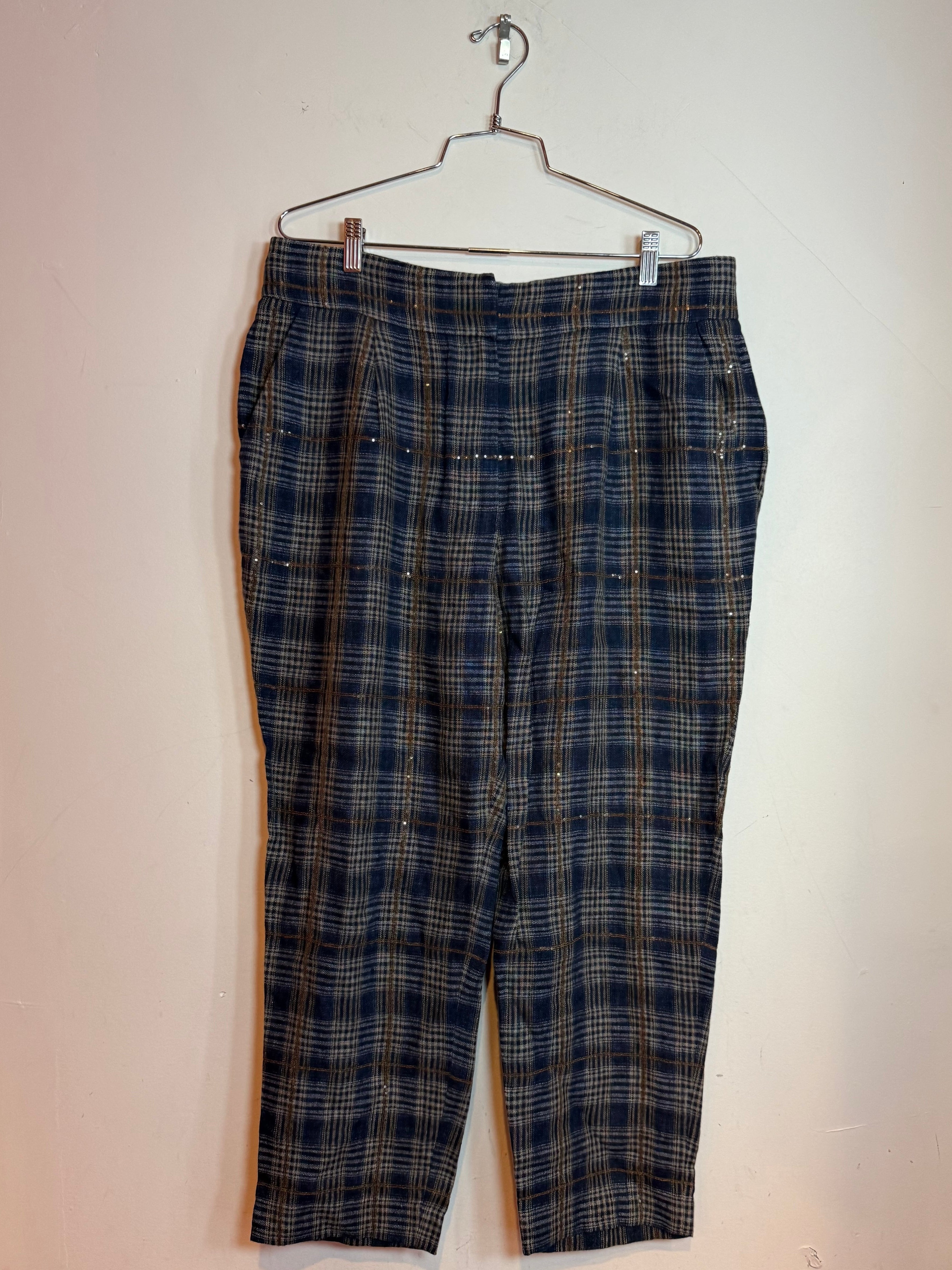 Brunello Cucinelli Plaid Sequin Linen Trousers Blue Brown Size 12