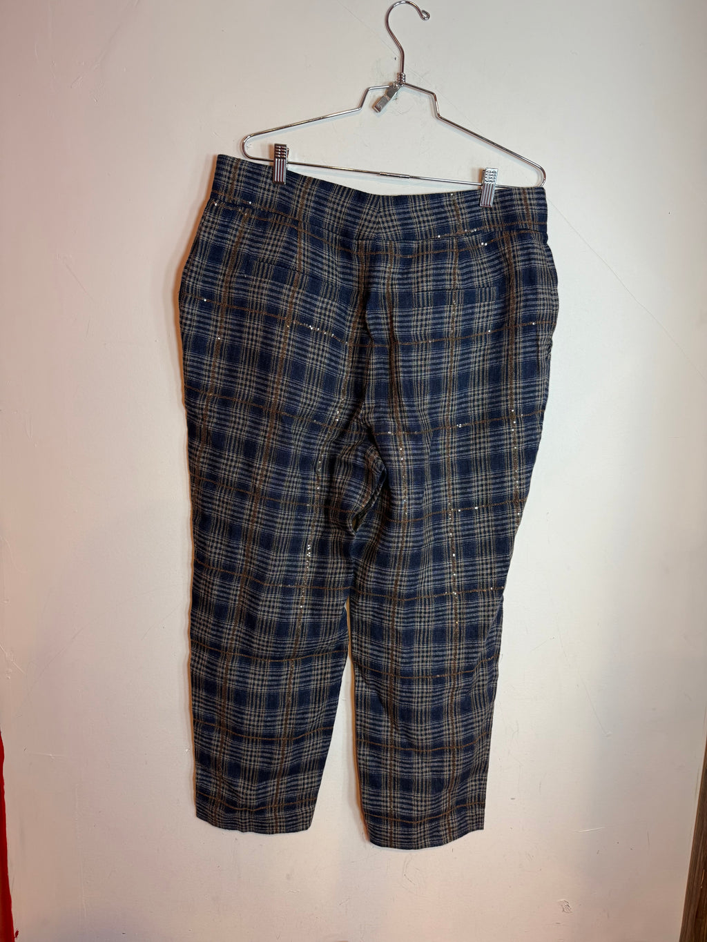Brunello Cucinelli Plaid Sequin Linen Trousers Blue Brown Size 12