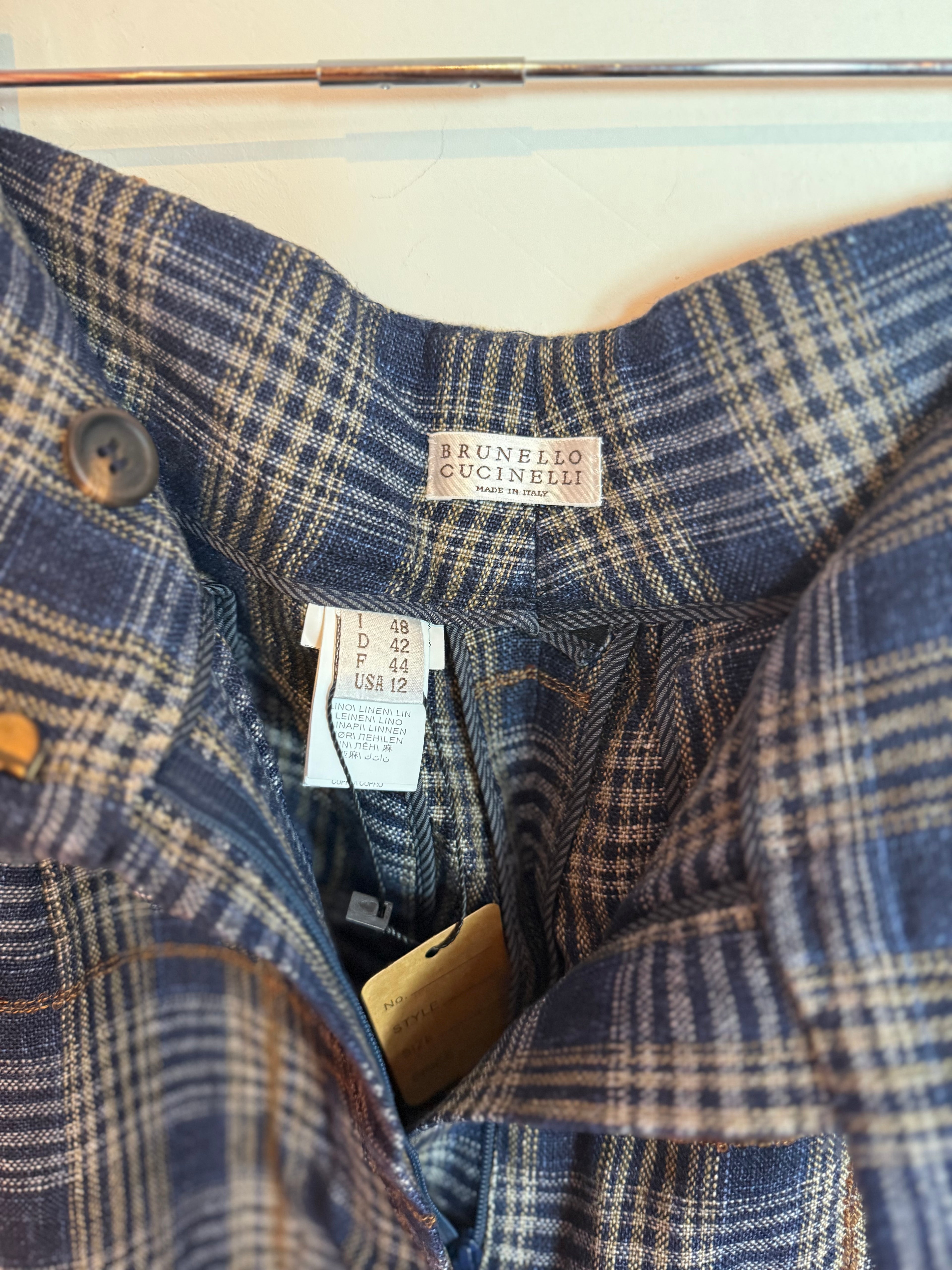 Brunello Cucinelli Plaid Sequin Linen Trousers Blue Brown Size 12