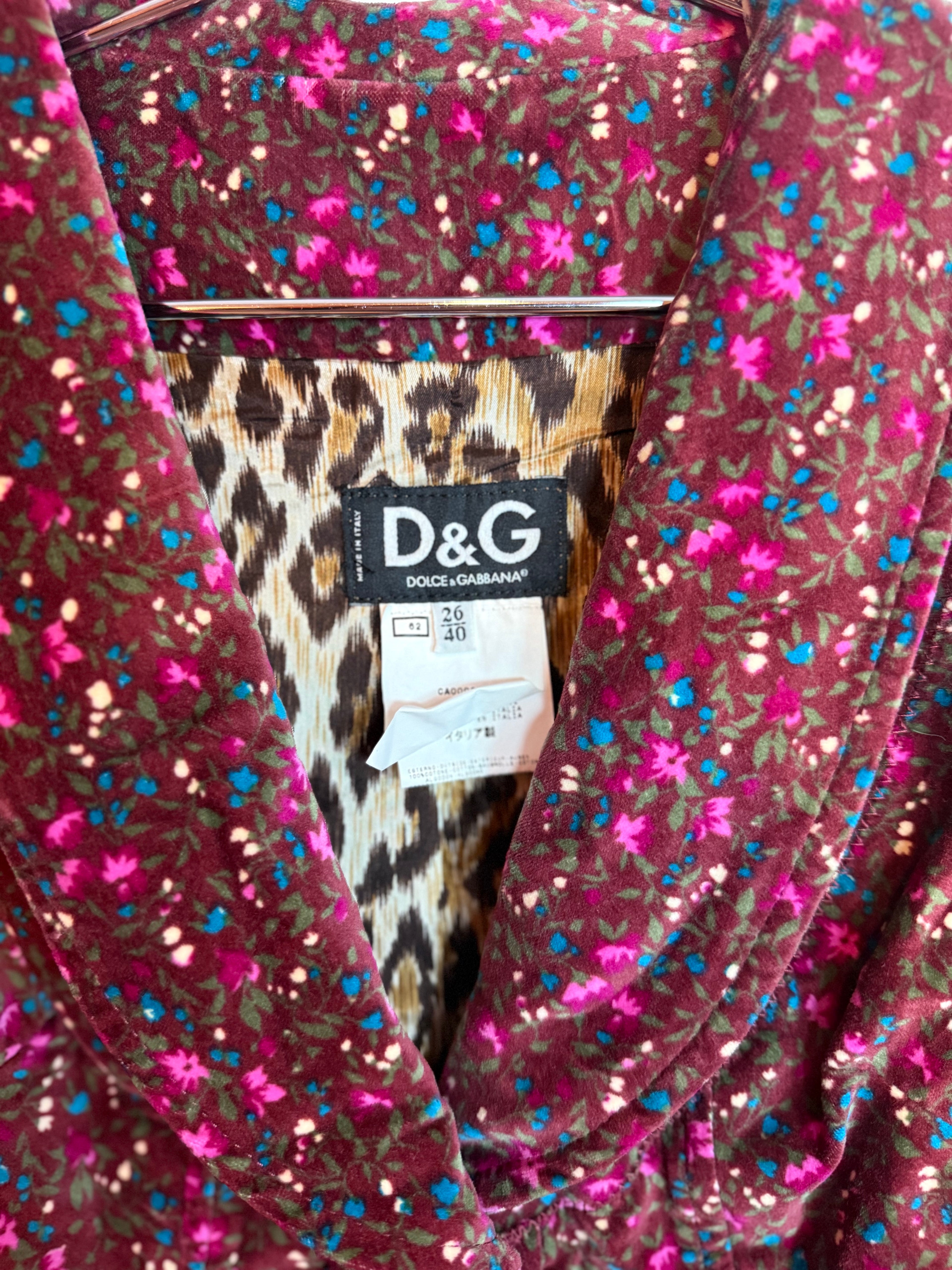 Vintage Dolce & Gabbana Floral Velvet Blazer Jacket Leopard Print Lining Size 40