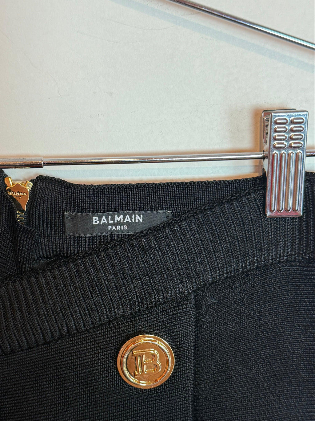 Balmain Black Knit Mini Skirt with Gold Buttons and Pockets