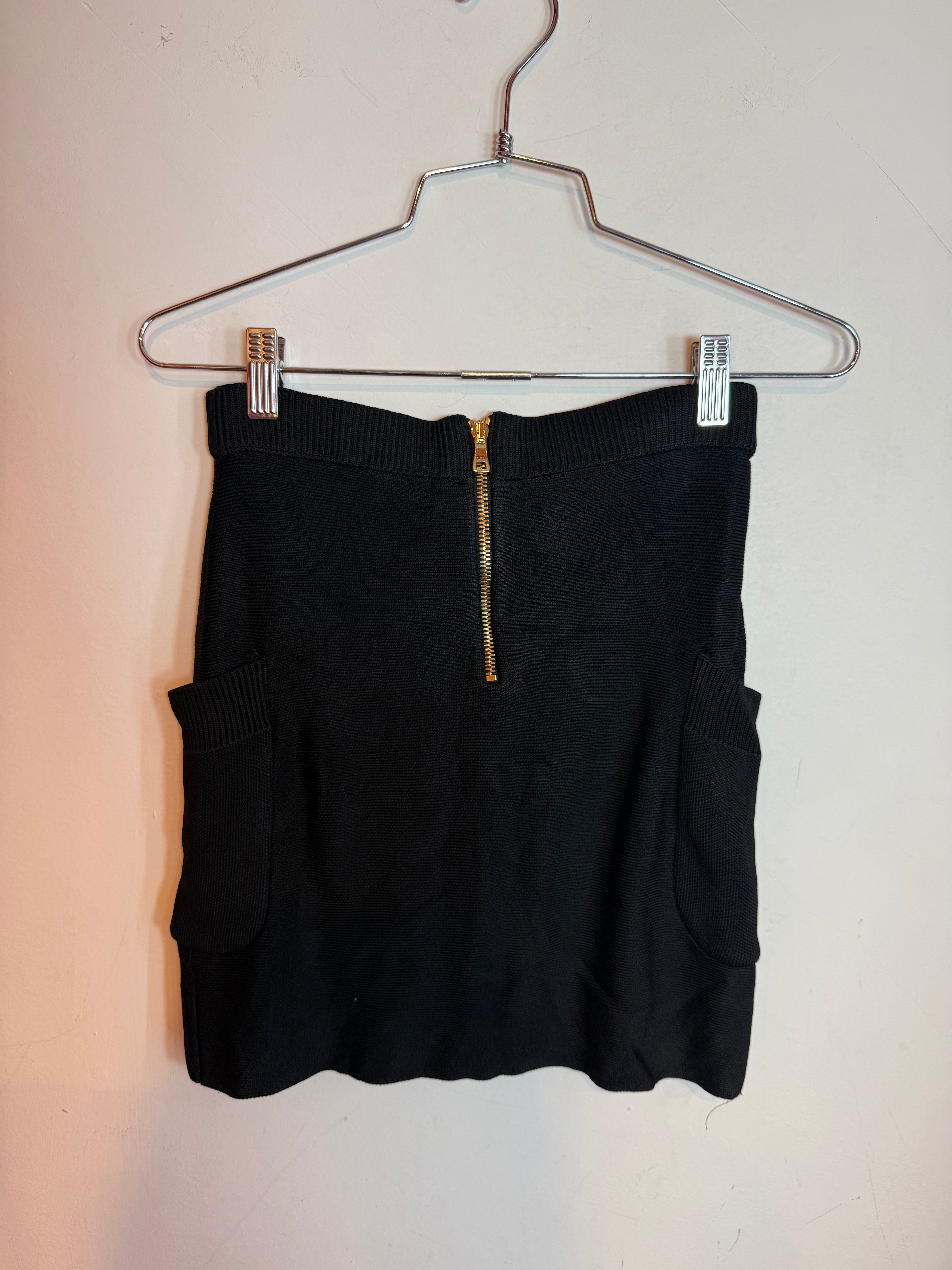 Balmain Black Knit Mini Skirt with Gold Buttons and Pockets