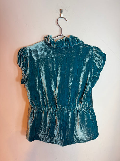 Armani Exchange Teal Crushed Velvet Ruffled Collar Top Size Medium