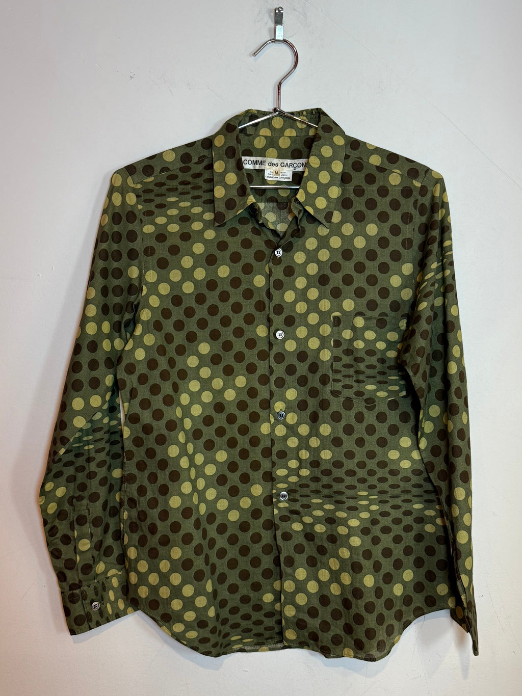 VTG Comme des Garçons S/S 2001 Polka Dot Long Sleeve Shirt Olive Green Size M