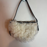 Bottega Veneta Mini Sunrise White Shearling Lambskin Black Leather Shoulder Bag