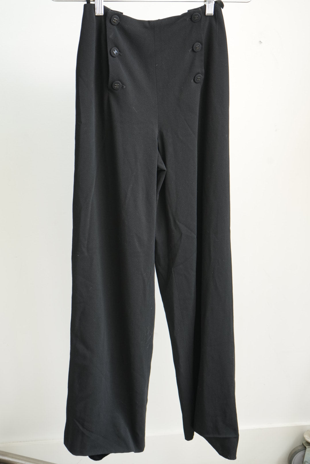 VTG Chanel Boutique High Waisted Button Front Wide Leg Pants Trousers Black 36