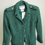 Vintage Chanel Green Tweed Blazer Jacket CC Buttons Shoulder Epaulets Size 36
