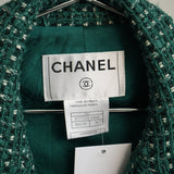 Vintage Chanel Green Tweed Blazer Jacket CC Buttons Shoulder Epaulets Size 36