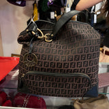 Fendi Handbag Zucchino FF Logo Canvas Leather Brown