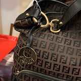 Fendi Handbag Zucchino FF Logo Canvas Leather Brown